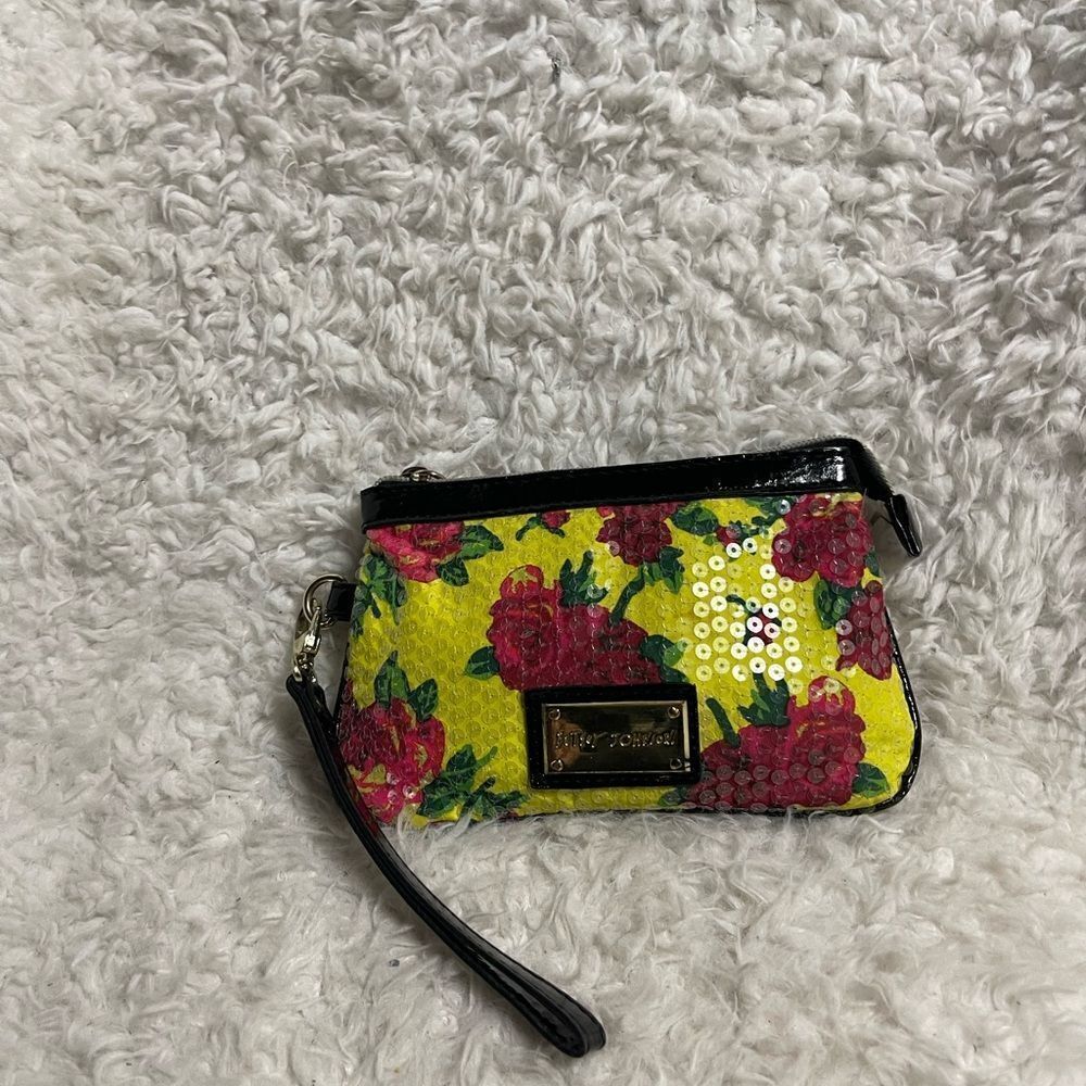 Betsey Johnson Vibrant yellow, pink & green Floral sequins Wristlet .